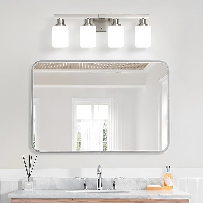 4-Light Bathroom Vanity Light,Brushed Nickel Vanity Lights with Square Frosted Glass,Modern Bathroom Wall Lights Fixtures Over Mirror,Wall Sconces Lighting for Bedroom Living Room,E26
