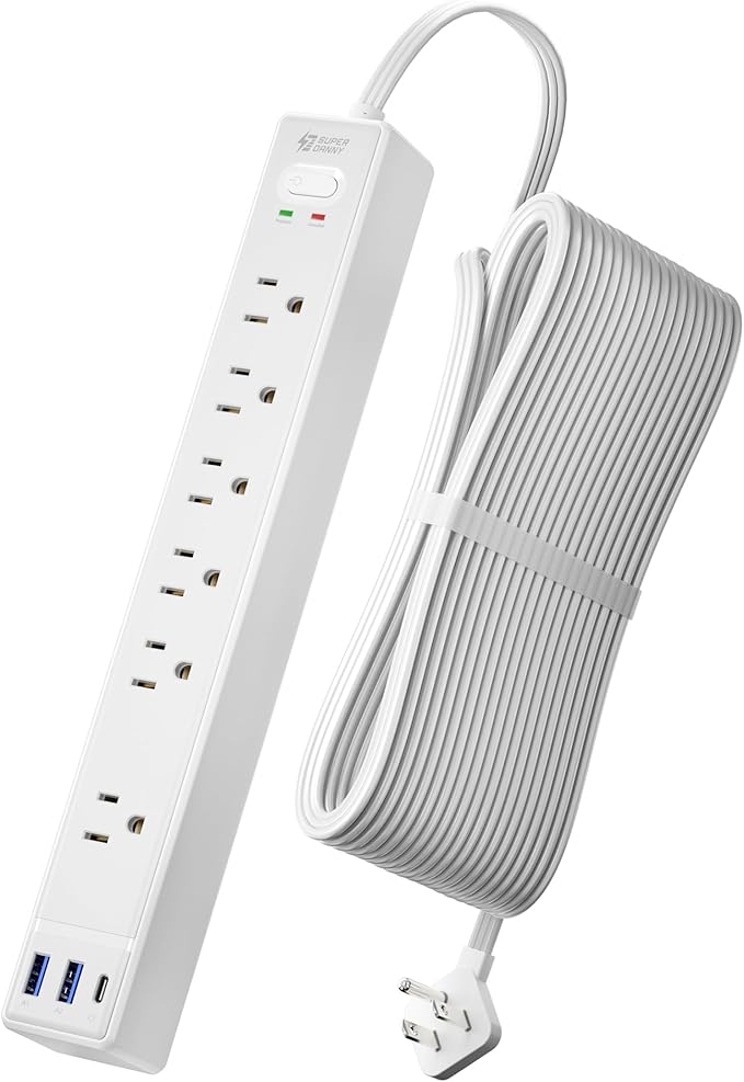 20Ft Long Extension Cord, Flat Plug Power Strip with 6 Outlets & 3 USB Ports (1 USB-C), Wall Mountable Surge Protector, White Power Bar for Home Office, College Dorm Room Essentials