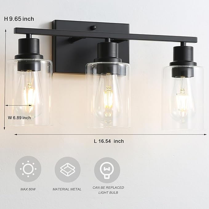 EMONG 3-Lights Bathroom Light Fixtures, Matte Black Vanity Light with Glass Shade, Modern Wall Sconces Lighting for Bathroom,Mirror,Farmhouse,Hallway