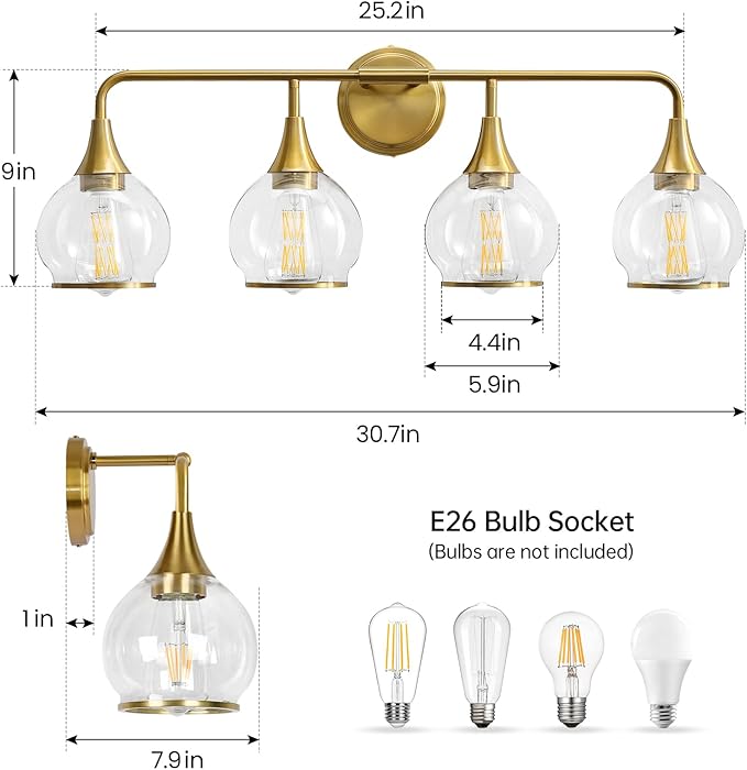 Gold Bathroom Vanity Light 4-Light Bathroom Vanity Light Fixtures Over Mirror with Clear Glass Shade 30.7 inch Wall Sconce Lighting Bath(Exclude E26 Bulb)