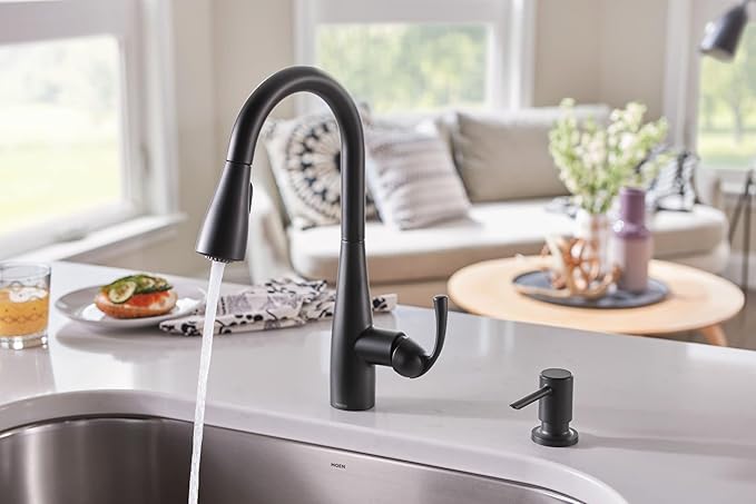 Moen Essie Matte Black Single Handle Pull-Down Sprayer Kitchen Faucet with Soap Dispenser, Reflex and Power Clean Technology, 87014BL