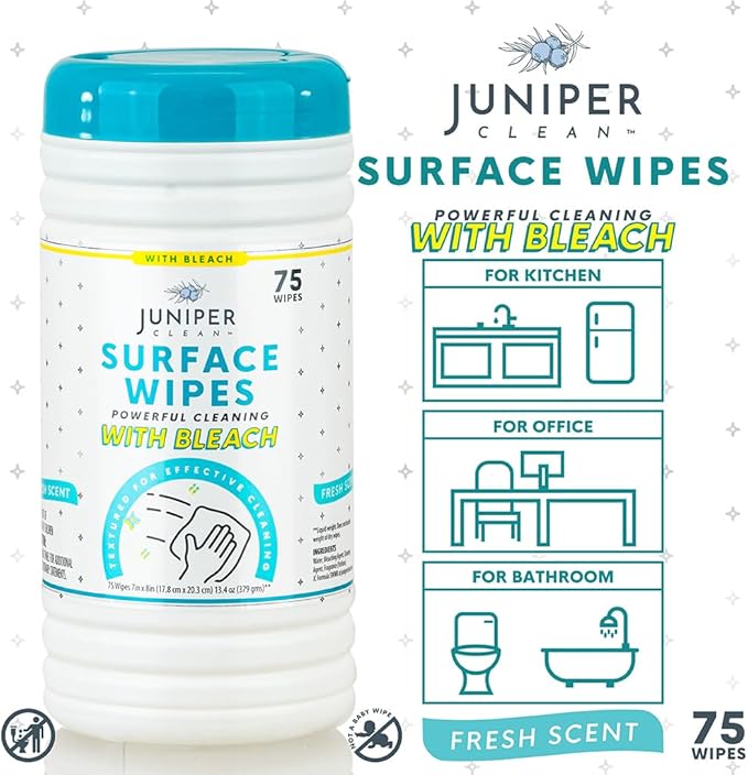 4 Pack Surface Cleaning Wipes with Bleach, All-Purpose Cleaner for Bathroom, Kitchen, Office, 300 Count Canister, 7.5" x 7" Sheet, Fresh Scent, Lint Free & Durable