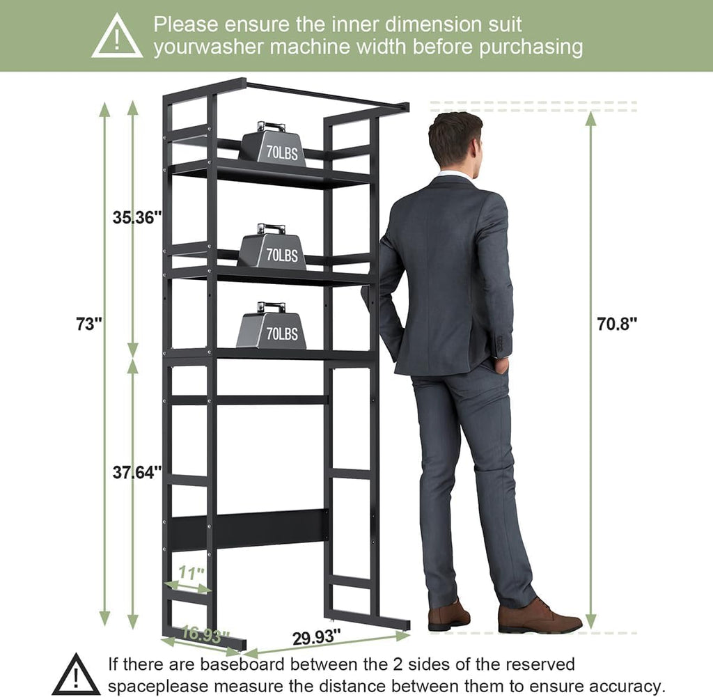 Dryer Storage Shel andf Over The Washer - Adjustable 4-Tier Heavy Duty Laundry Room Organizer, All Carbon Steel Standing Shelf with Hanging Rod, Anti-Tip Design, Super Stable 29.93" L x 11" D x 73" H