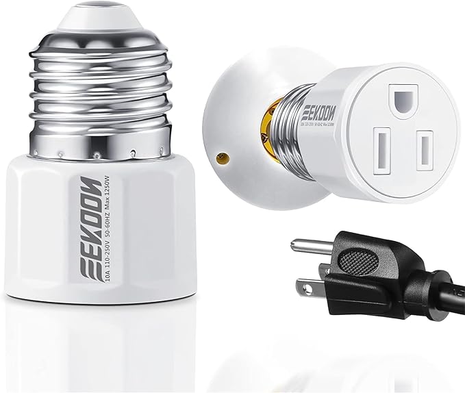 1 Pack E26/ E27 3 Prong Light Bulb Socket Adapter, Polarized Light Socket Outlet, Lights Sockets to Plug Adapter Sockets Converter, Lights Bulb Plug Adapters for Patio, Garage, Porch, White