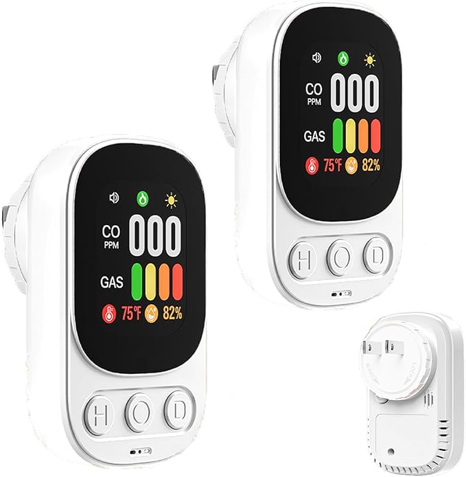 2 Pack 4-in-1 Carbon Monoxide Detectors Plug in with LCD Display and Test Button, CO/Gas Leak Detector Temp & Humidity Monitor