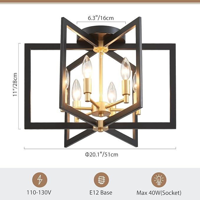 Ceiling 6-Light Black and Gold 20" Modern Geometric Semi Flush Mount Ceiling Lighting Fixture for Kitchen Island Living Room Dining Room Entryway