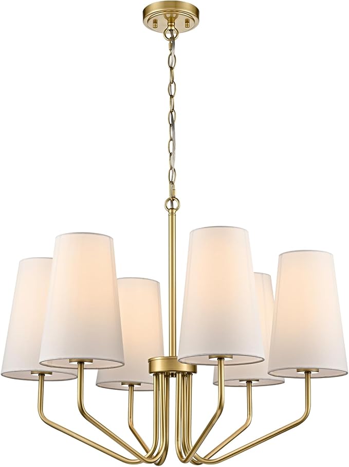 Modern 6-Light Brass Gold Chandelier with White Fabric Shade Chandelier Adjustable for Dining Room Hallway Living Room Kitchen Island