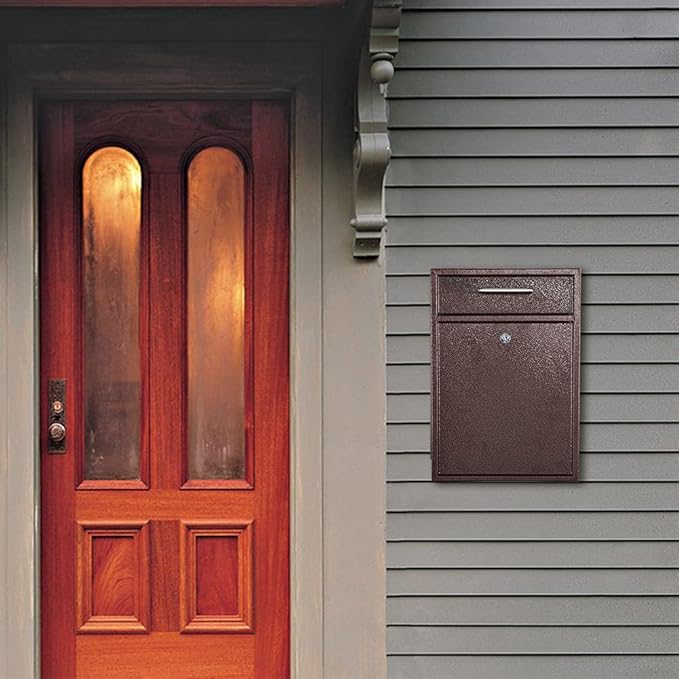 KYODOLED Steel Key Lock Mail Boxes Outdoor,Locking Wall Mount Mailbox, Security Key Drop Box, Collection Boxes,16.2Hx 11.22Lx 4.72W Inches, Bronze X Large