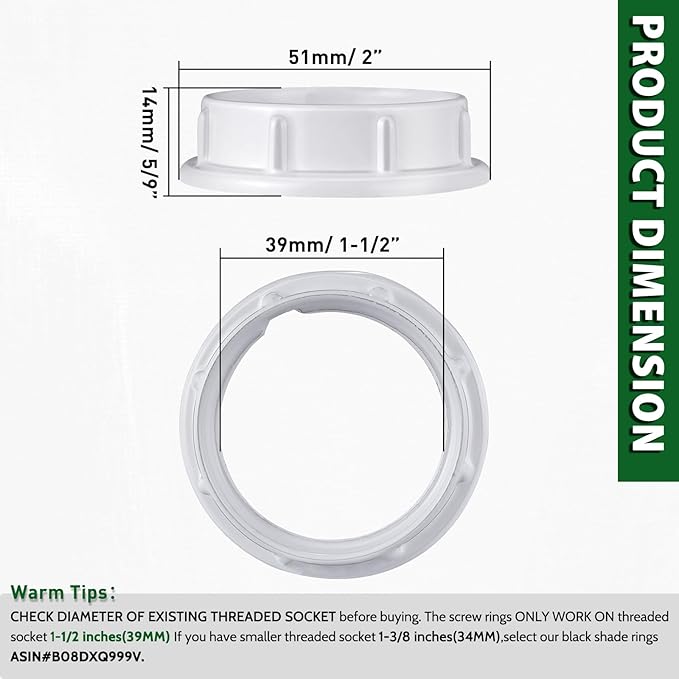 Light Socket Shade Rings,Aluminum Threaded Socket Ring for Medium Base E26 Sockets,Retaining Rings for Glass Lamp Shades Light Fixtures (4-Pack White Color/For Thread Diameter 1-1/2 Inches)