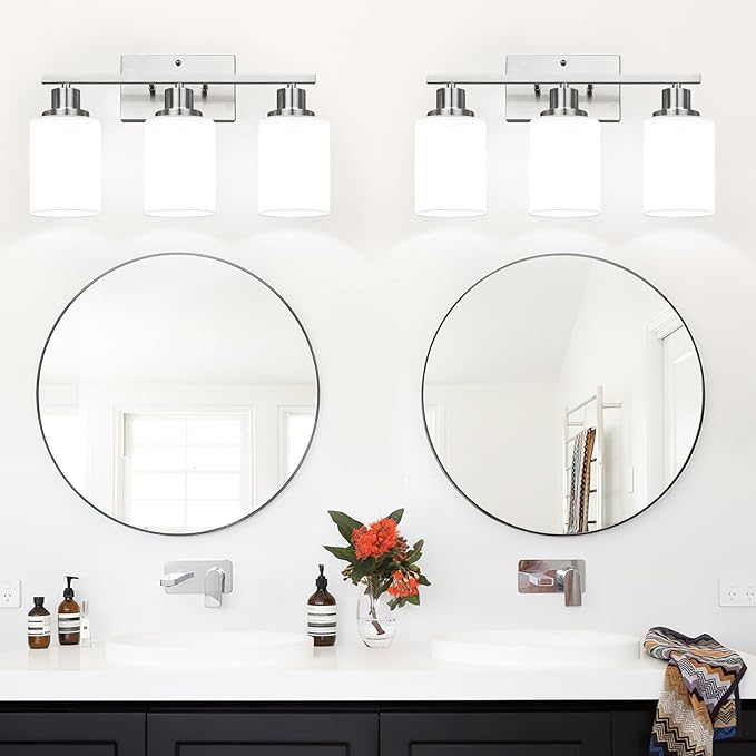 3-Light Bathroom Light Fixtures, Brushed Nickel Vanity Light with Milky White Shades, Bathroom Lighting Fixtures Over Mirror, Modern Bathroom Wall Lamp for Mirror Living Room Cabinet Bedroom