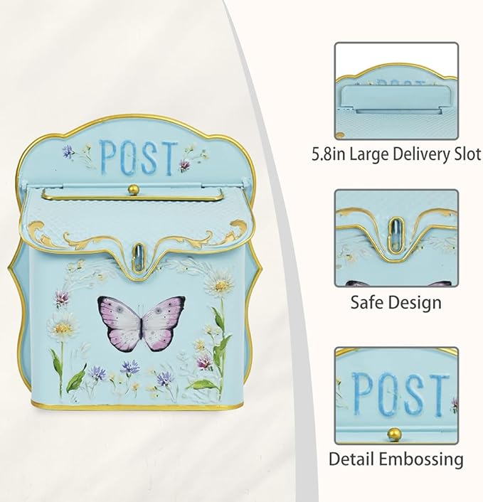 Mailbox Wall Mount Mailboxes for Outside Vintage Mail Boxes for House Outside Metal Drop Box Antique Style Nostalgic Charm Home Decorative Butterfly Blue