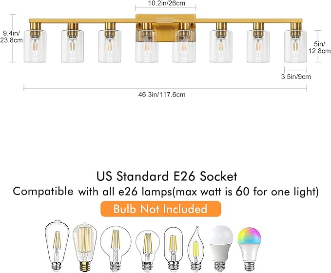 8 Light Gold Bathroom Light Fixtures, Modern Large Vanity Lights with Clear Glass Shade, Brushed Brass Bathroom Lighting Fixtures Over Mirror, Wall Scones Light for Bedroom, Living Room