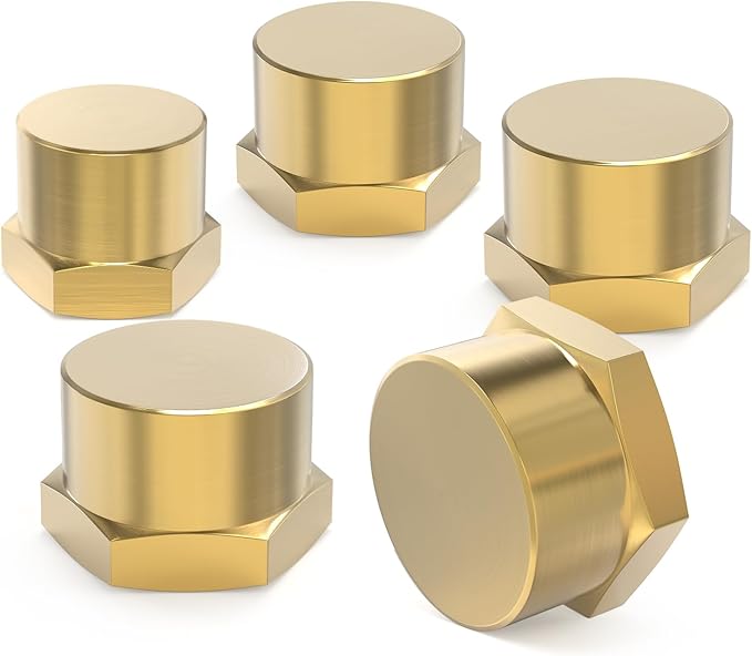 GASHER 1/8" 1/4" 3/8" 1/2" 3/4" NPT Brass Pipe Cap, NPT Female Thread Socket Pipe End Cap Plugs Fitting 25PCS