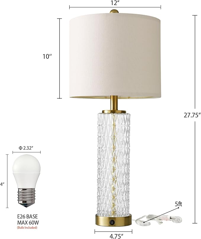 Oneach 27.75” Table Lamps Set of 2, Gold Modern Bedside Lamp with LED Night Light, USB A+C, Glass Lamps for Living Room, Bedroom, Nightstand, Office, End Table (2 Bulbs Included)