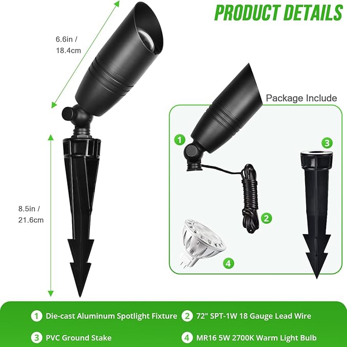 wowlite Low Voltage Spot Lights Outdoor LED 4 Pack, Die-cast Aluminum Landscape Spotlights, Waterproof Black Uplights with MR16 Bulbs Ground Stake for Garden Courtyard Pathway