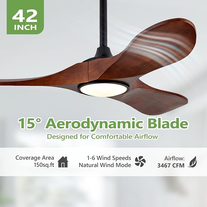42-Inch Solid Wood Ceiling Fan with Lights, Remote Control, Dimmable, Reversible, Wood Blades, Power-Off Memory, Quiet DC Motor – Modern outdoor Ceiling Fan for Living Room, Bedroom, Patio