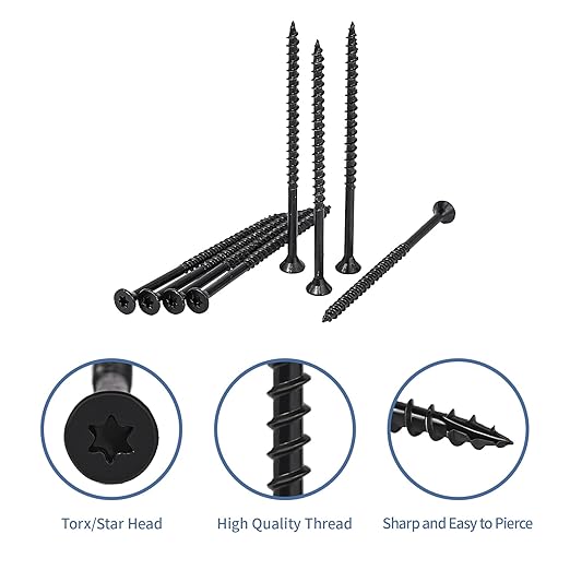 Deck Screws 3 Inch, Wood Screws #10 x 3, 80PCS Exterior Wood Screws, Torx Star Flat Head, Fence Construction Screws, Rust Resistant Epoxy Coated, T25 Bit Included, Black