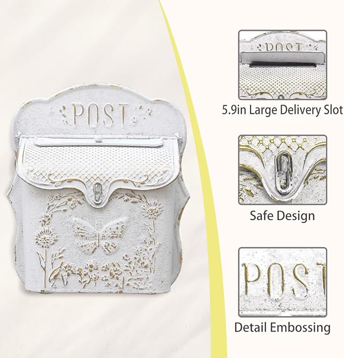 Mailbox Wall Mount Mailboxes for Outside Vintage Mail Boxes for House Outside Metal Drop Box Antique Style Nostalgic Charm Home Decorative, Butterfly Pattern, White
