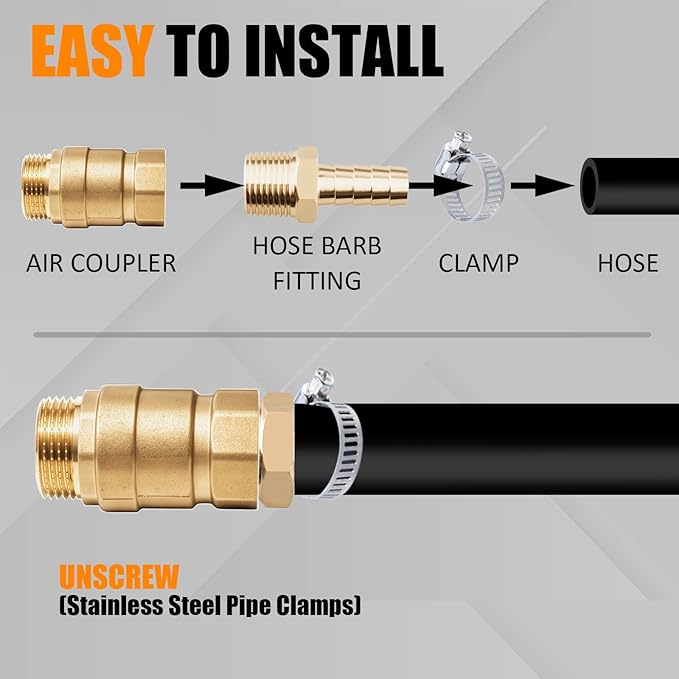 168Pcs Hose Barb Fuel Line Fittings Assortment Kit Barb Splice/Coupler/Female Adapter/Tee/90°Male Elbow Thread 1/8" 3/16" 1/4" 5/16" 3/8" 1/2" Air Hose Fitting with Pipe Clamps for Fuel