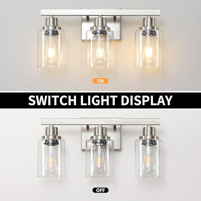 3-Light Bathroom Light Fixtures, Nickel Bathroom Vanity Light with Clear Glass Shade, Modern Bathroom Wall Lights Over Mirror, Farmhouse Wall Sconces Lighting for Bedroom Living Room