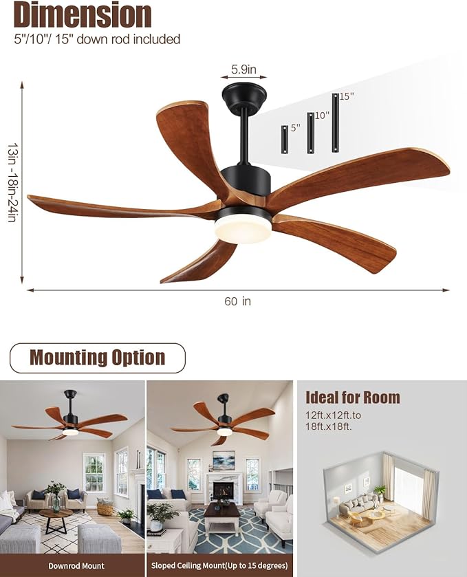 60 Inch Ceiling Fans with Lights Remote Control, Modern Ceiling Fan 5 Blades Wood Fan for Outdoor, 3 Downrods, ETL Listed, Timer, 6 Speeds Reversible Quiet Dc Motor for Patios, 60in Yellow Walnut