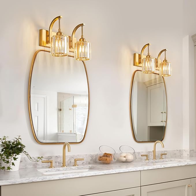 Bathroom Crystal Vanity Lights 2-Light Gold Wall Lamp Modern Crystal Bathroom Light Fixtures Over Mirror 13.77" Long Wall Sconce
