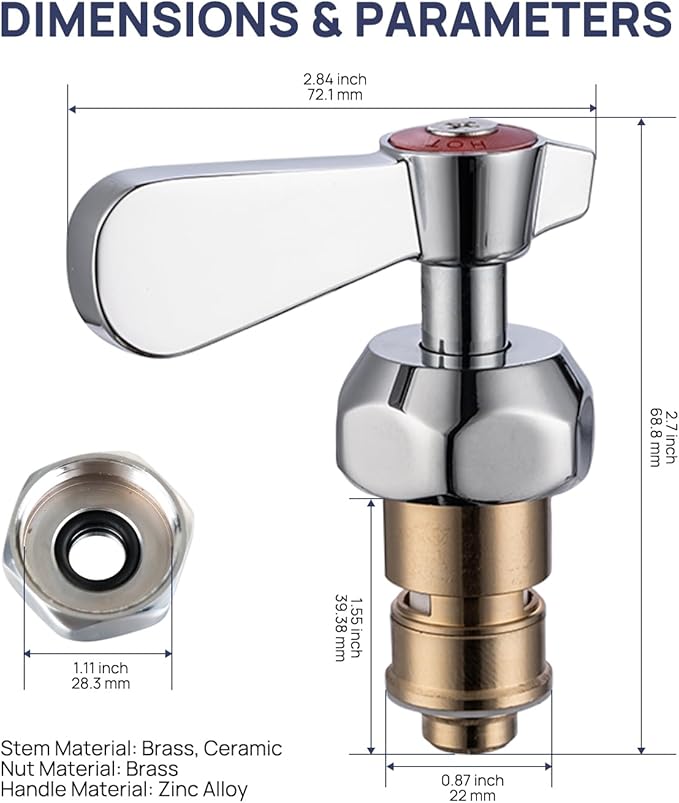 LEAD-FREE Faucet Handle Repalcement Valve Stem Repalcement Assembly, Commercial Faucet Parts for Kitchen Sink Faucet, Brass Constructed with Ceramic Disc, Red for Hot