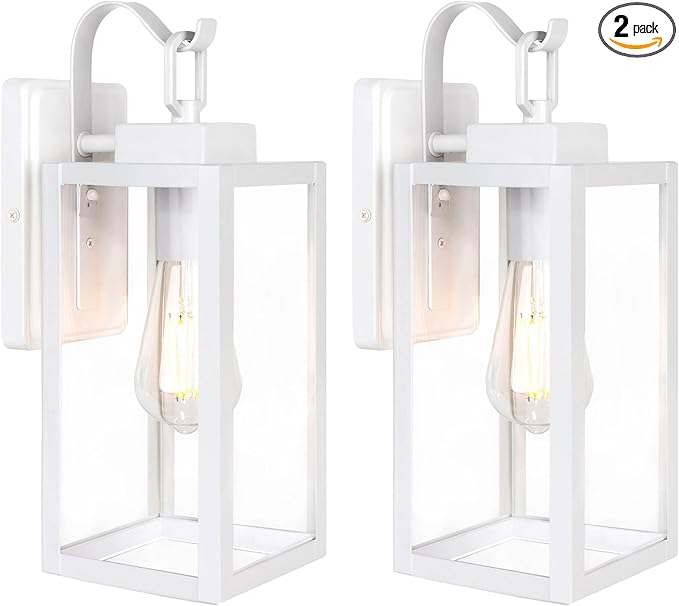 LIT-PaTH Outdoor Wall Lantern, Wall Sconce as Porch Lighting Fixture, E26 Medium Base Max 60W, Anti-Rust Metal with Glass Shade, White, 2-Pack