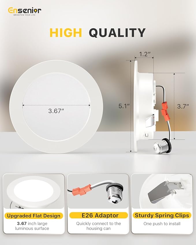 Ensenior 4 Inch LED Recessed Lighting 24 Pack, Dimmable Flat LED Can Lights, 5CCT Adjustable Color Temperature (2700K-5000K), 7W=77W 700LM, IC & Damp Rated, FCC