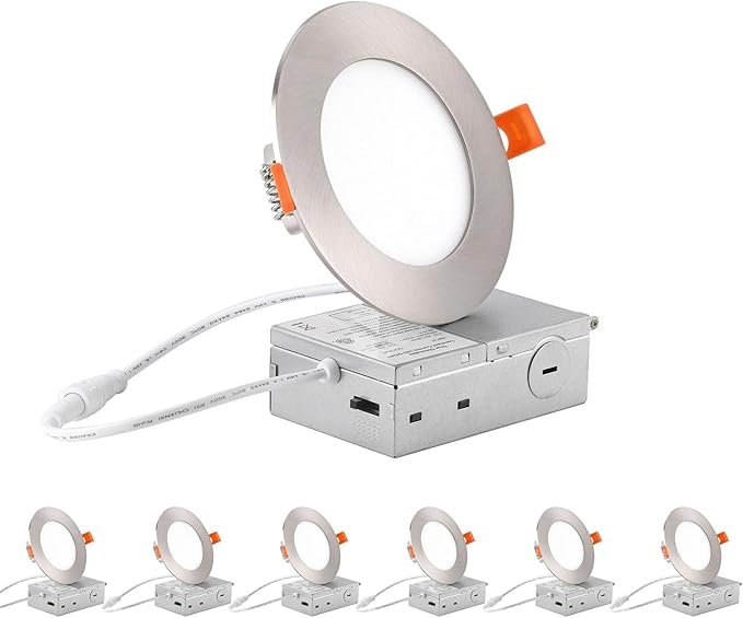 ZYC recessed Lighting 4 inch - 6Pack 9W 800LM High Brightness,5CCT 2700K-5000K Selectable,Ultra-Thin LED Recessed Ceiling Light,Dimmable Canless Wafer Downlight,Pack of 6 Brushed Nickel.