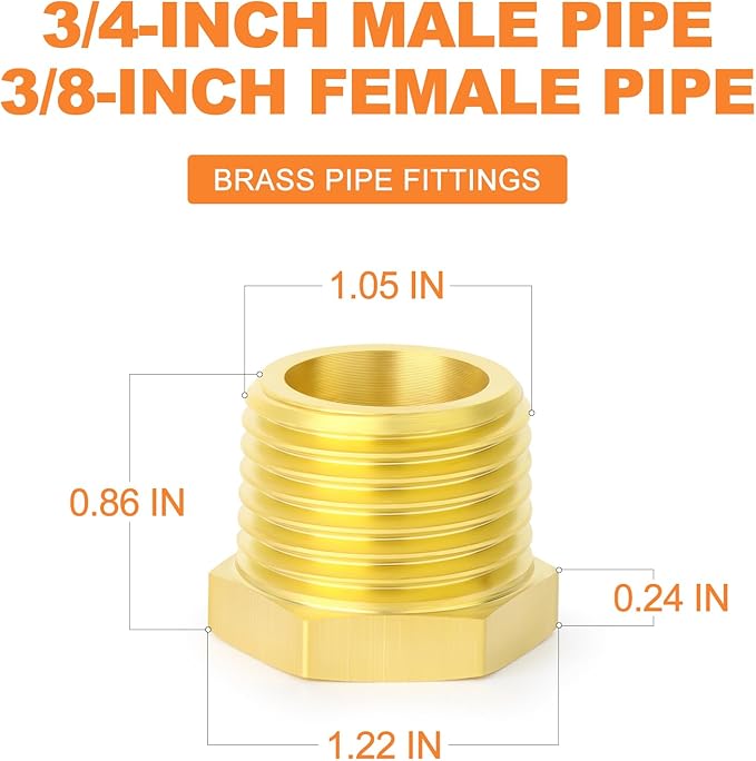 GASHER 5Pcs Brass Reducer Hex Bushing 3/4" NPT Male x 3/8" NPT Female, Brass Threaded Pipe Fitting