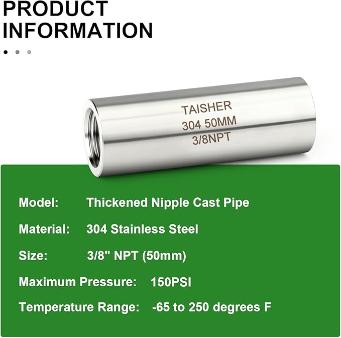 TAISHER 2PCS Stainless Steel Pipe Fittings, 3/8" NPT Female x 3/8" NPT Female Threaded, 2" Length Thickened Nipple Cast Pipe