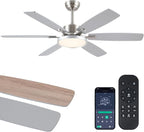 52 inch Modern Ceiling Fans with Lights Remote/APP Control,Modern Flush Mount Ceiling Fan,DC Reversible Motor, 3CCT,Surper Bright Dimmable LED Ceiling Light with Fans for Bedroom, Livingroom Nickel