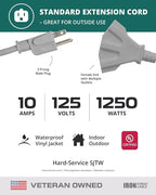Iron Forge Cable 100 Ft Gray Outdoor Extension Cord with Multiple Outlets, 16/3 SJTW 100 Foot Grey Outdoor & Indoor Extension Cord with 3 Outlets, 3 Prong, Weatherproof 10 Amp Heavy Duty Power Cable