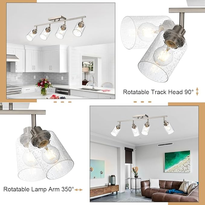 4-Light Track Lighting Fixtures, Rotatable Track Head Bathroom Vanity Light Ceiling Spotlight Brushed Nickel, Seeded Glass Shades