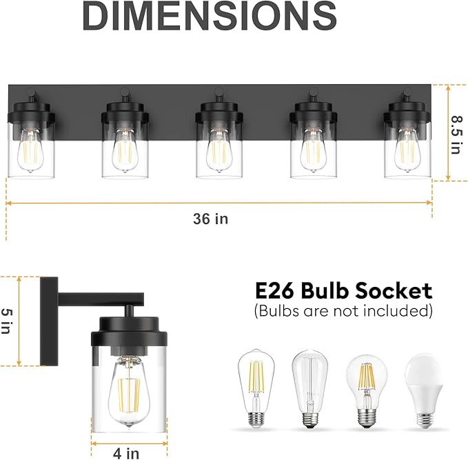 IZORRO Bathroom Vanity Light Fixture, 5-Light 36 Inch Matte Black Bathroom Light Fixtures Over Mirror, with Clear Glass Shade, Modern Farmhouse Vanity Lights, Rustic Restroom Lighting Fixtures