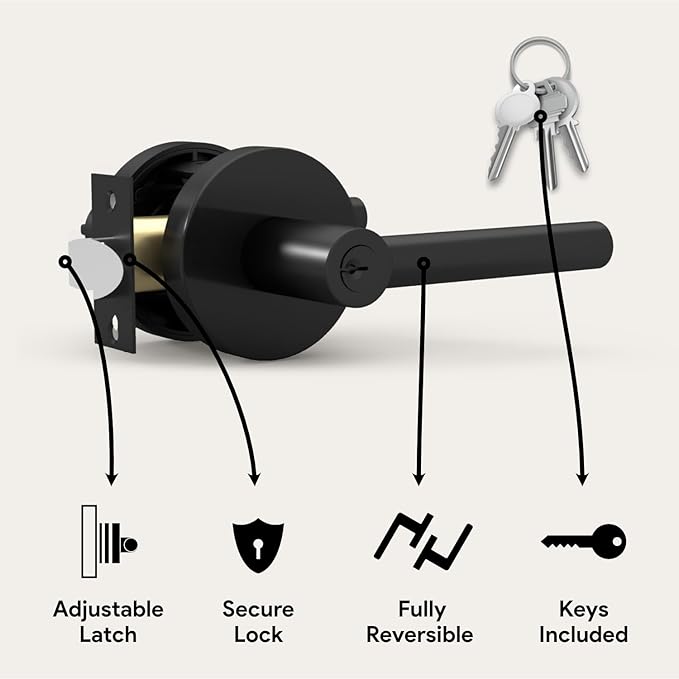 Mega Handles Ronn Entrance Entry Lever Door Handle Heavy Duty Round Locking Lever Set for Left or Right-Handed Doors, Interior/Exterior Door Levers - Matte Black