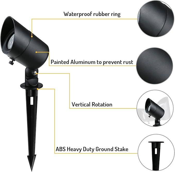 Doluck 4W LED Landscape Lights Low Voltage Landscape Lighting Spotlights GL101-BKLED8 AC/DC 12V Warm White Waterproof for Driveway,Yard, Lawn,Patio,Walls,Trees,Flags,Outdoor Light (Black, 8 Pack)