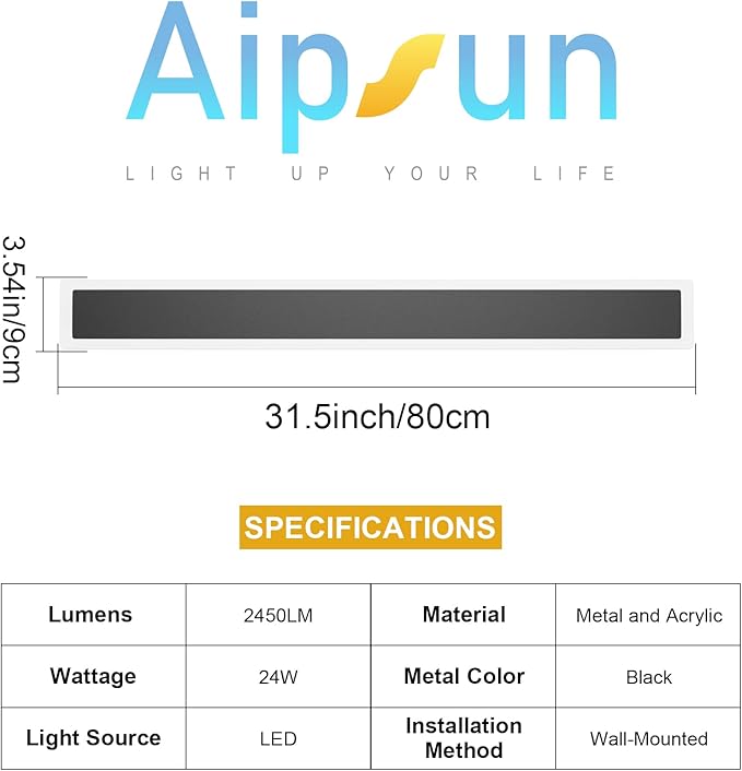 Aipsun Outdoor Wall Lighting 1 Pack, Black LED Exterior Sconces 3000K,31.5inch Modern Outdoor Wall Light Fixtures for House Courtyard Balcony Porch