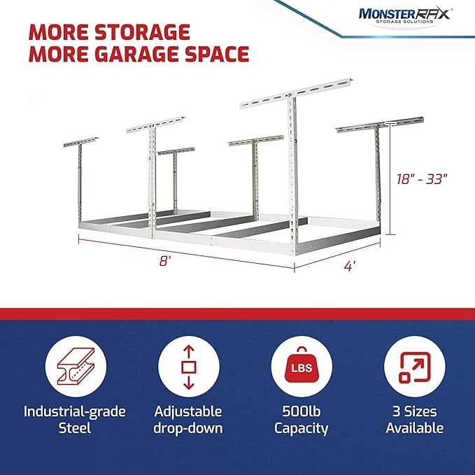 MonsterRax 4x8 Overhead Garage Storage Rack Frame Kit - Hanging Storage Shelves, Garage Ceiling Storage Rack System, Ceiling Shelving - (Hammertone, Adjustable 18"-33")