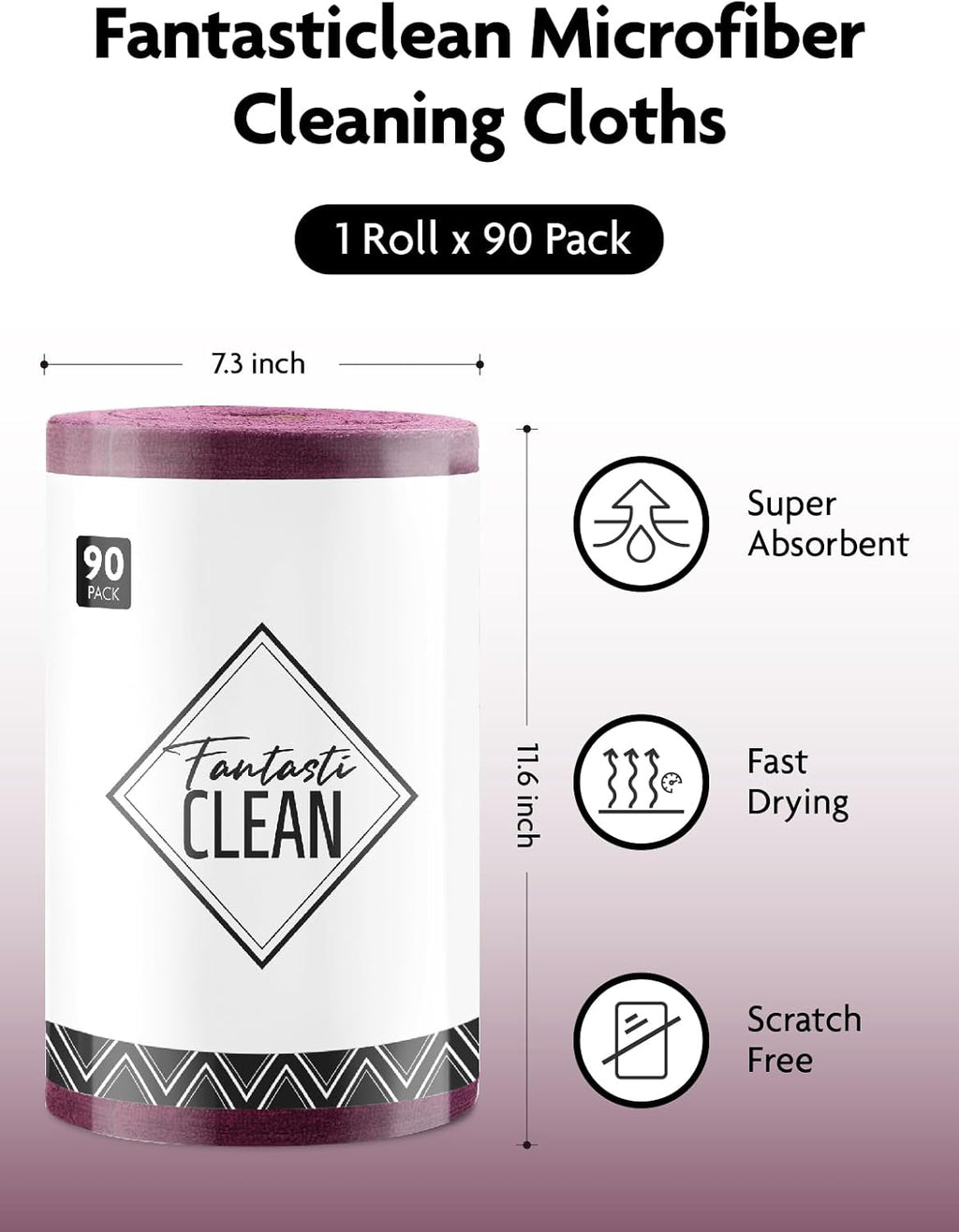 Fantasticlean Microfiber Cleaning Cloth Roll -90 Pack, Tear Away Microfiber Towels, 12" x 12", Reusable, Washable, Scratch Free, Ultra Absorbent for Car, Home Supplies, Shop (Deep Purple)