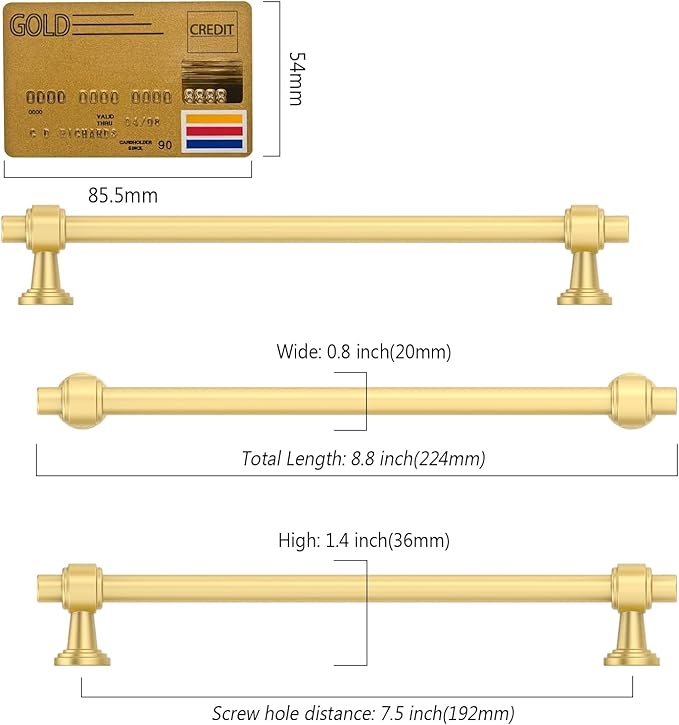 Amerdeco 10 Pack Brushed Gold Cabinet Pulls 7.5 Inch(192mm) Hole Center Drawer Pulls Cabinet Hardware Kitchen Cabinet Handles for Bathroom ZH0069