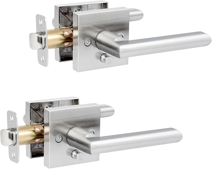 HOSOM 2 Pack Privacy Door Handles with Lock for Bedroom and Bathroom Satin Nickel Keyless Interior Door Knobs Reversible Square Door Locks