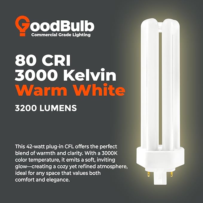 GoodBulb 42 Watt CFL Light Bulbs 4 Pin GX24Q-4 Base 3000K Warm White 42W High Output 3200 Lumens Triple Tube Compact Fluorescent Light Bulbs Plug-in 10 Pack