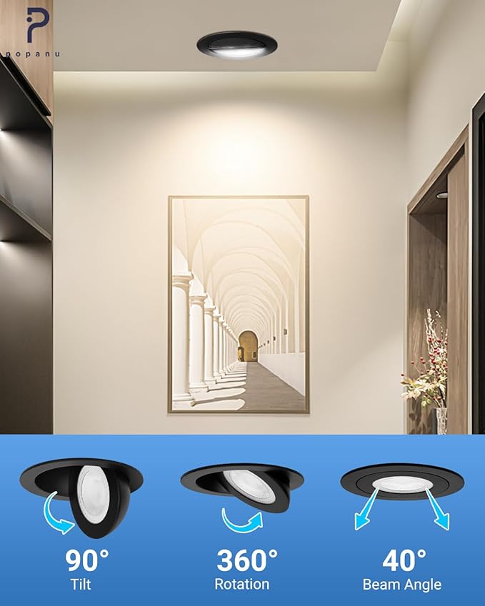 Recessed Lighting 6 inch - 12W Gimbal Light Eyeball Sloped Ceiling Recessed Spotlight 1300lm Black Trim 90° Tilt Swivel Soffit Wafer Lights 5CCT Adjustable Indoor Dimmable Black 6 inch 6 Pack
