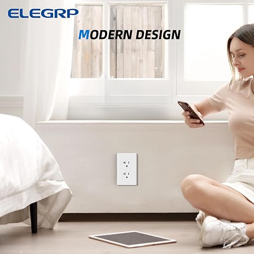 ELEGRP Glossy White Decorator Electrical Wall Outlet Receptacle, 20A 125V Standard Outlets, 2 Pole 3 Wire, Non-Tamper Resistant, NEMA 5-20R, Self-Grounding, Wall Plate Included, UL Listed, 5 Pack