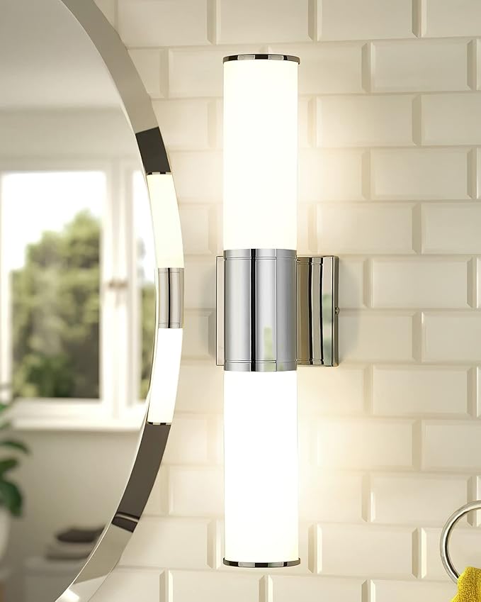 Bathroom Light Fixtures, 2-Light Vanity Lights for Mirror with Milk Glass Shade, Chrome Up and Down Wall Sconces for Bathroom Bedroom Hallway, VL834-CH-ML