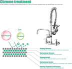Commercial Wall Mount Kitchen Sink Faucet Brass Constructed Polished Chrome Pre-Rinse Device 25" Height 8" Center with Spring Pull Down Sprayer and 12" Add-on Spout (25 inches)