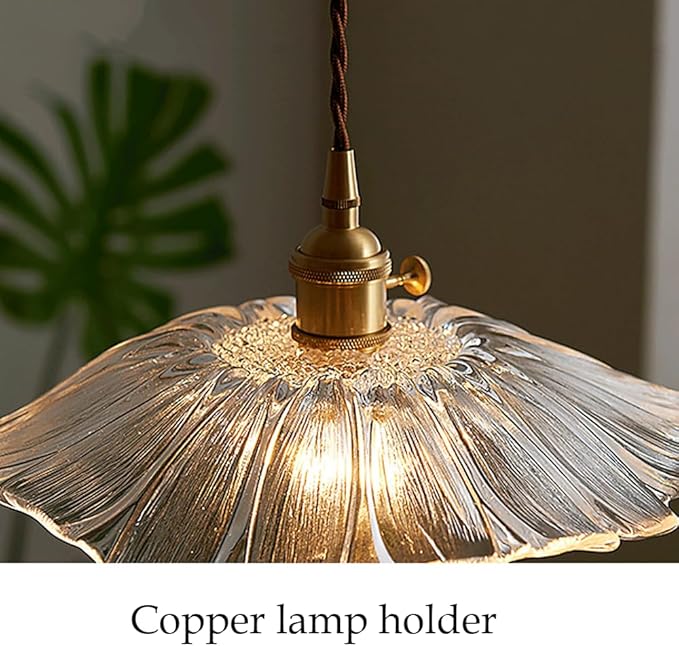 Glass Pendant Lights Full Brass Modern Pendant Lighting Fixture 11 Inch with Rippled Transparent Shade Adjustable Hanging Lamp for Dining Room and Kitchen Island