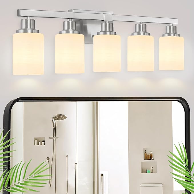 5-Light Bathroom Light Fixtures, 30" Nickel Bathroom Vanity Light with Milky White Glass Shade, Modern Bathroom Wall Lights Over Mirror, Farmhouse Wall Sconces Lighting for Bedroom Living Room